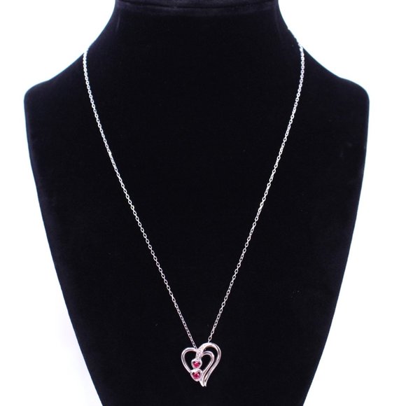 Felicia Design 925 Sterling Silver Heart Pendant Necklace Synthetic Rubies CZ - Picture 1 of 11